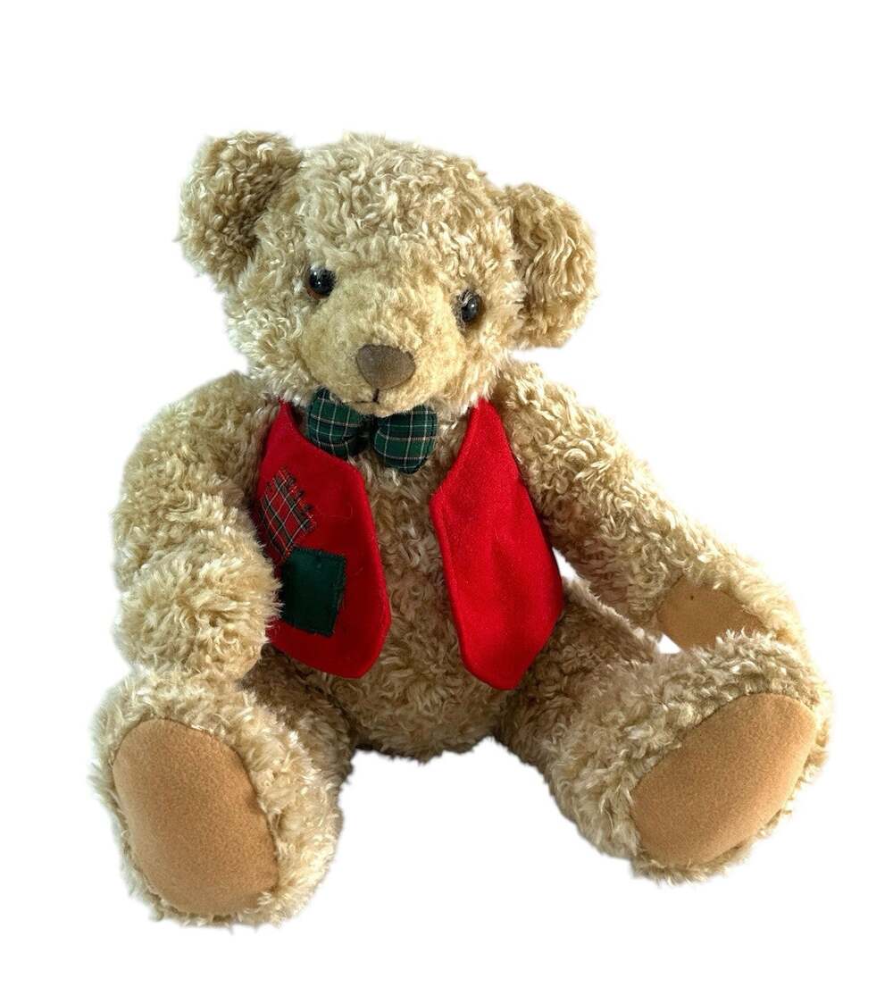 Hallmark Cards Plush Teddy Bear 10” Curly Tan Fur Red Vest Plaid Bow Tie